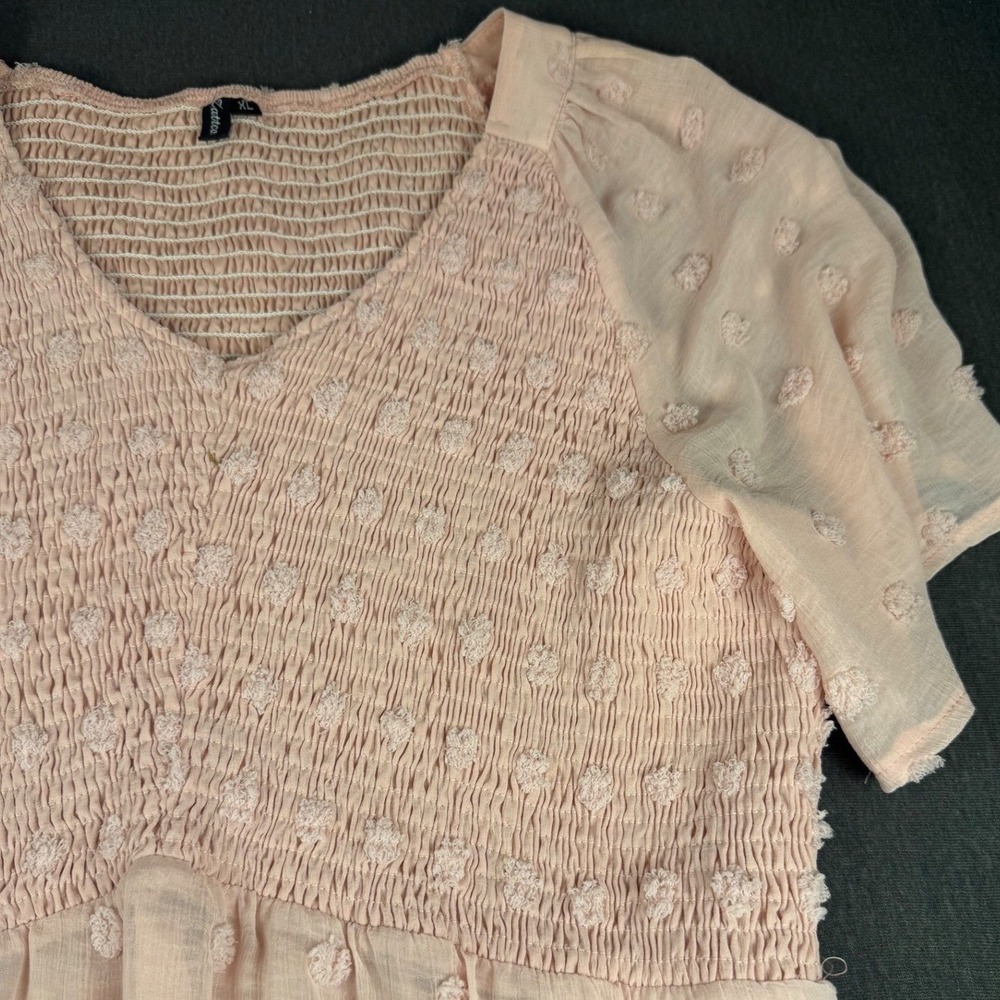 Zatcas Pink Swiss Dot Smocked Babydoll Dress XL Ruffle Hem Casual Boho